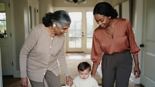 Helping senior in cardigan, mother in rust top holding toddler taking steps down home hall, earbud