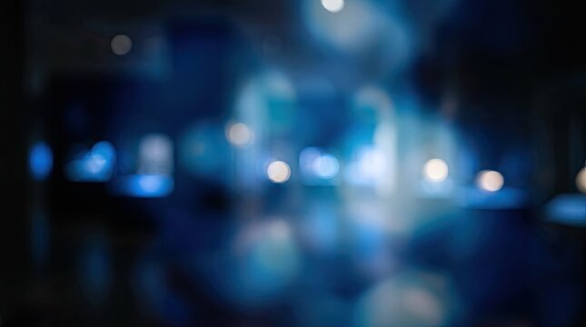 Abstract dark blue background with glowing bokeh lights