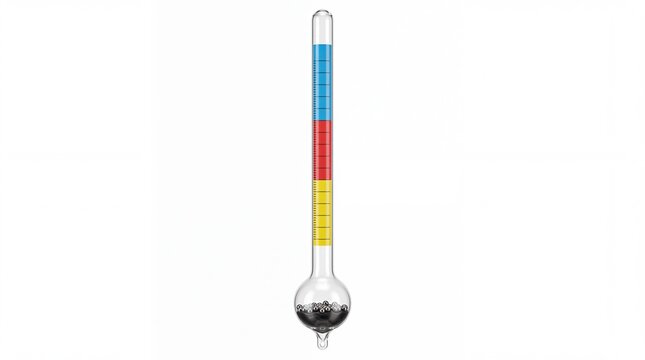 Precision glass lactometer showing colorful temperature scales inside vertical tube instrument used for dairy testing isolated on white background