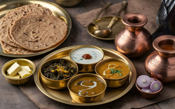 Traditional Haryanvi Thali Featuring Bajra Roti, Sarson Ka Saag, Homemade Butter, Curd, Dal, Onion Salad and Jaggery Served in Rustic Clay Utensils, Authentic North Indian Rural Farm Meal