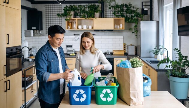 Young couple sorting plastic waste into recycling bins in a modern kitchen, sustainable lifestyle and environmental responsibility for green living at home