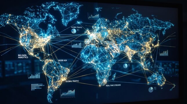 Digital world map with glowing network connections representing global data communication and technology infrastructure.