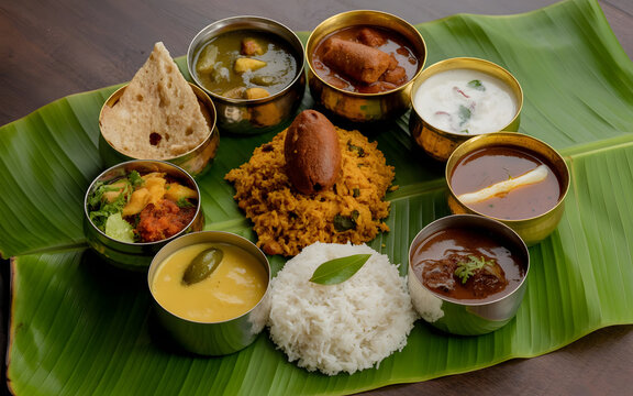 Authentic Karnataka Thali Featuring Bisi Bele Bath, Sambar, Rasam, Steamed Rice, Vegetable Palya, Kosambari Salad, Papad and Payasam Served on Banana Leaf, Traditional South Indian Temple Meal