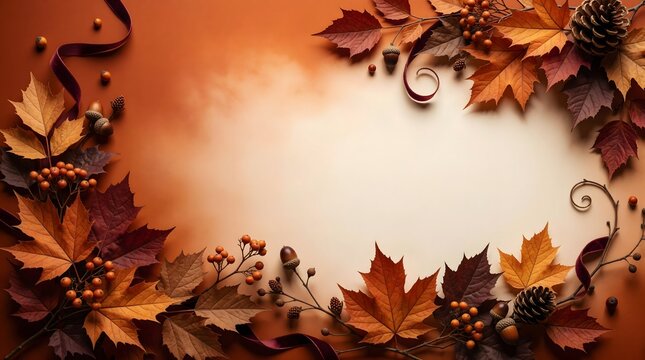 Elegant rustic autumn frame with warm decorative foliage