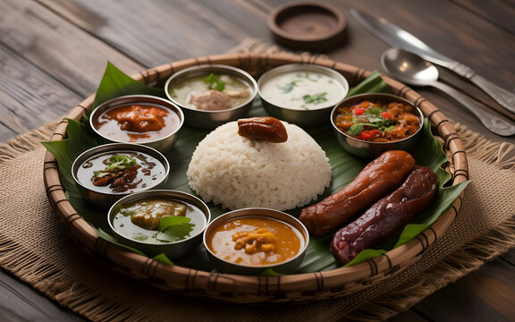Traditional Khasi Thali from Meghalaya Featuring Jadoh Rice with Pork, Spicy Chutneys, Boiled Vegetables and Smoked Meats Served on Rustic Wooden Plates, Authentic Northeast Indian Cuisine