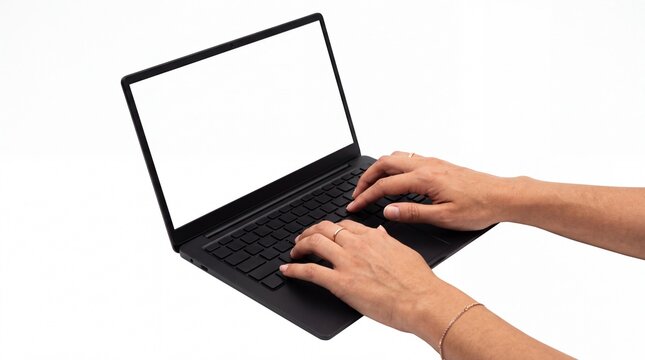 Hands typing on a modern black laptop with blank white screen display captured from a high angle on white background