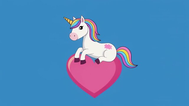 Whimsical unicorn on pink heart against blue background with repeating pattern and cinematic motion