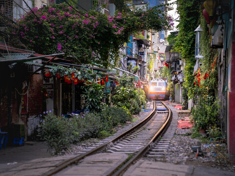 View of a train approaching along the narrow tracks of Hanoi Train Street, flanked by residential buildings, lush greenery, and vibrant bougainvillea flowers in Hoan Kiem, Hanoi, Vietnam.