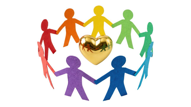 Colorful paper people chain holding hands in a circle around a golden heart symbol isolated on transparent background