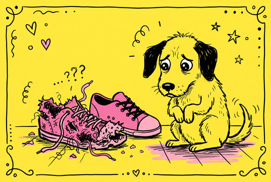 Quirky doodle illustration of a guilty dog next to a chewed pink sneaker. Naughty pet behavior concept on yellow background