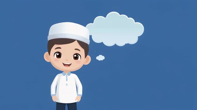 Young Muslim boy thinking with thought bubbles during prayer time with serene blue background