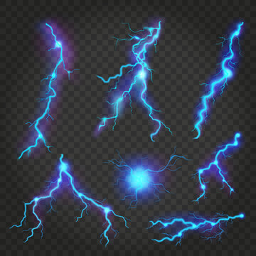 Realistic blue lightning strike set. Electric discharge effect, storm thunderbolt sparks, power energy flash, electric ball and plasma arc elements. Natural disaster weather vector illustration