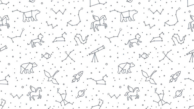 Seamless pattern with hand drawn constellations and space elements.