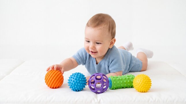 Happy baby boy playing with colorful textured sensory toys while wearing a blue knitted outfit resting on white background