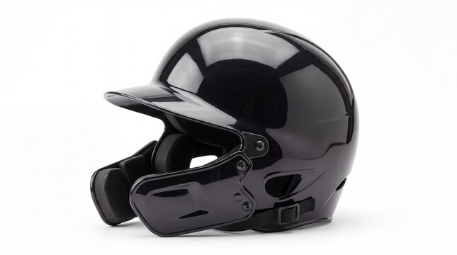 Shiny black baseball batting helmet with protective cheek flap showing high gloss plastic material texture captured isolated on white background