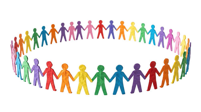Colorful paper people holding hands in a circle representing teamwork and unity isolated on transparent background
