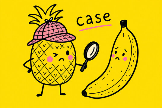 Funny doodle illustration of a detective pineapple examining a sad banana. Cartoon fruit characters with magnifying glass and hat on a yellow background. Quirky comic design