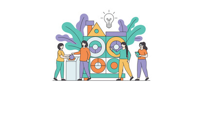 Fototapeta premium Creative design team collaborating on a giant mechanical dashboard system with charts to generate new business ideas.