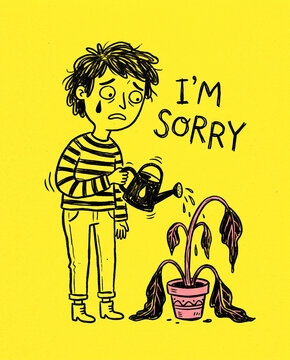 Doodle illustration of a sad crying person watering a dead potted plant. I am sorry apology and regret concept on yellow background