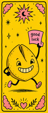 Vertical doodle illustration of a happy running fortune cookie character. Yellow cartoon mascot holding a pink good luck message slip. Quirky positive concept design