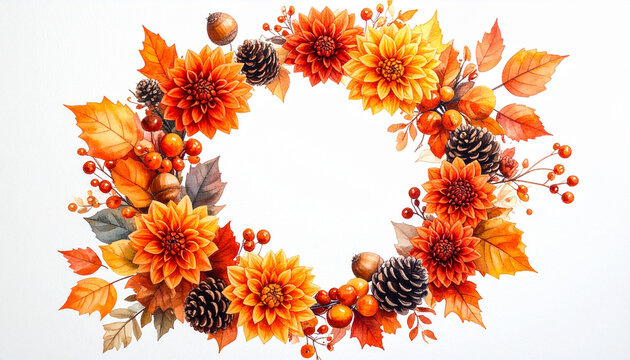 ダリアの花と紅葉した落ち葉や木の実で彩られた秋のリース型フレーム　中央に文字入れ可能なコピースペースがある白背景の装飾デザイン素材　手描き水彩風のおしゃれな季節のイラスト