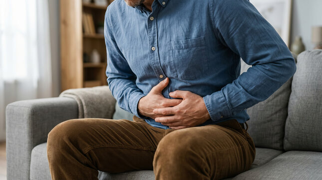 Stomach ache and indigestion concept with a man holding his painful abdomen while sitting on a couch at home