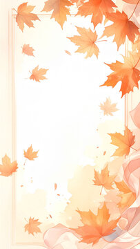 秋の紅葉と楓の葉が舞う水彩風フレーム背景　コピースペースのある縦型デザイン素材　チラシやバナー広告に使えるナチュラルで優しい雰囲気のイラスト背景