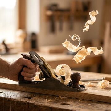 Woodworker using hand plane to smooth timber board with curling shavings in workshop
