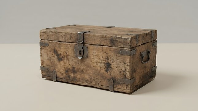 High Detail 3D Render of Rustic Antique Wooden Storage Chest with Metal Clasp and Hardware Isolated Against Neutral Studio Background Surface wooden chest 3d rendering image background box trunk wood