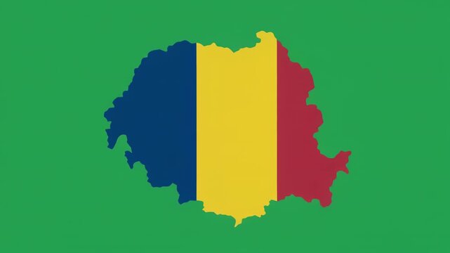 Romania map with flag animation moving across green and black background for travel concept