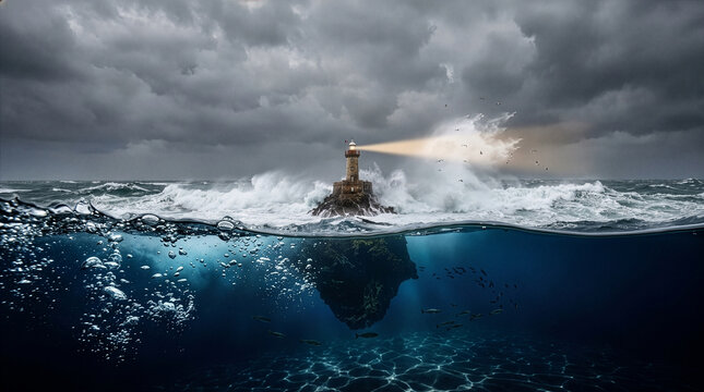 Split Level Underwater Shot of Stormy Ocean Waves Crashing Against Lighthouse at Sea