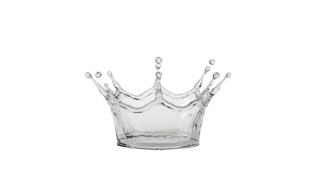 Clear water splash forming a crown shape with droplets rising upward isolated on a transparent background