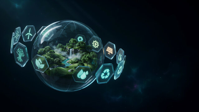 Modern futuristic green technology icons surrounding a city globe with digital interface
