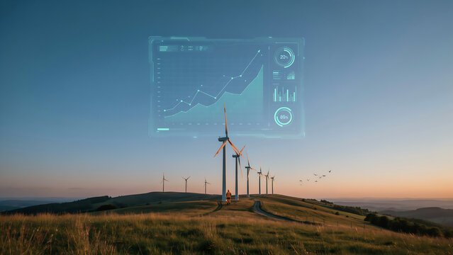Wind turbines in green field with futuristic energy data display at sunset