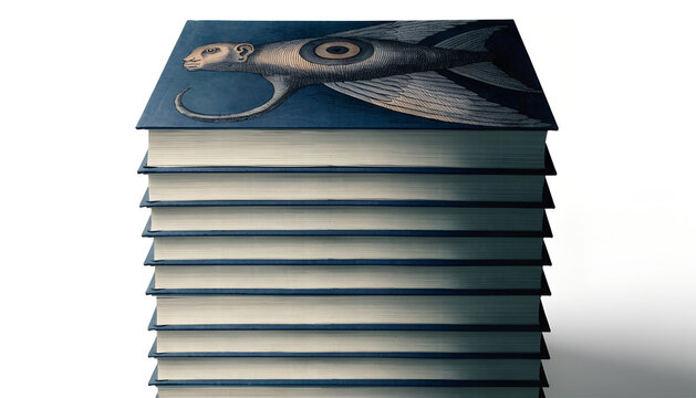 Tall stack of hardcover blank books with blue marble texture for design mockups and branding projects