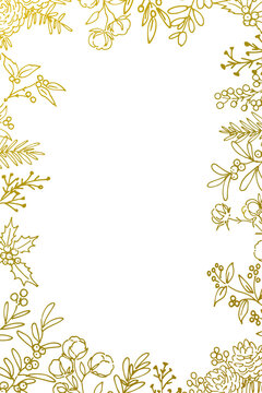 Elegant Christmas botanical background with hand-drawn gold holly, fir branches, mistletoe, and cotton flowers for Christmas cards, wedding invitations, and greeting cards