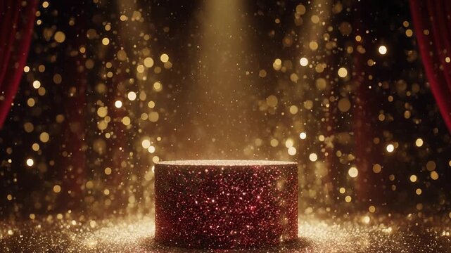 Festive red podiums with golden bokeh lights and spotlight accents create a celebratory atmosphere for product reveals