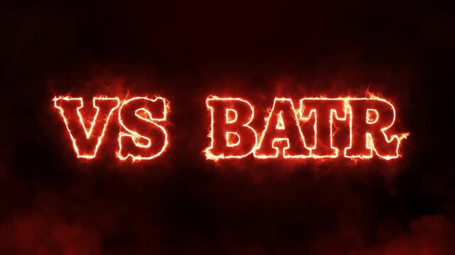 Fiery 'VS BATR' text animation with smoke effects in a dramatic dark setting for gaming or competition intros