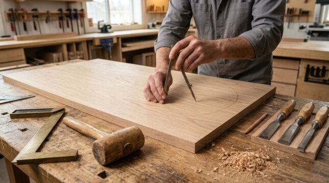 A Cabinet Maker Uses Steel Dividers To Scribe An Arc On An Oak Wood Board, Representing Professional Precision Craftsmanship And Expert Carpentry Skills.