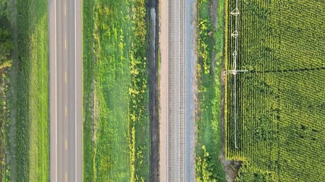 Aerial top down view of a highway and railroad tracks running parallel through green cornfields, Nebraska, USA