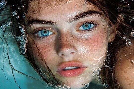 Ethereal Underwater Portrait of a Young Woman with Freckles and Blue Eyes