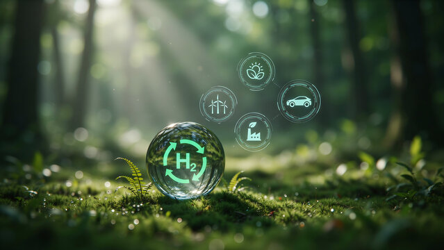 Modern green hydrogen energy icon set in a forest environment with futuristic elements