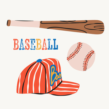 Baseball bat, cap, ball. Hand drawn trendy Vector illustration. Isolated design elements. Sport branding, championship promotion, betting poster concept. Logo, icon, sticker templates