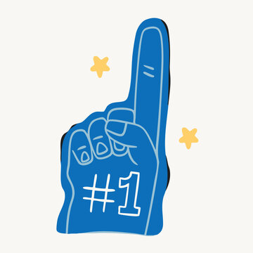 Giant foam finger glove. Stadium pointer arm. Number one text. Hand drawn trendy Vector illustration. Isolated design element. Fan accessory, sport championship, celebration, merchandise concept