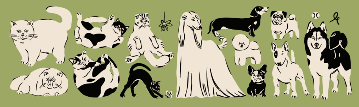 Cats, kittens, Dogs, puppies set. Cute funny characters. Various breeds, positions. Lying, sitting, standing domestic animals. Hand drawn trendy Vector illustration. Isolated design elements