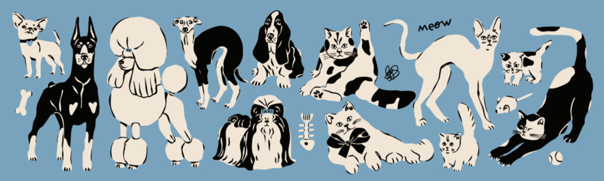 Cats, kittens, Dogs, puppies set. Cute funny characters. Various breeds, positions. Lying, sitting, standing domestic animals. Hand drawn trendy Vector illustration. Isolated design elements