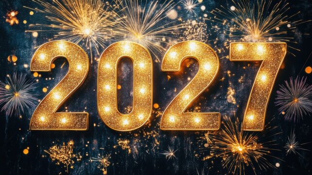 Bright fireworks burst around glittering numbers, creating a festive atmosphere to welcome the new year of 2027 with excitement