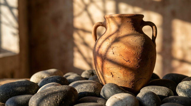 Ancient terracotta clay amphora sitting on river stones under warm sunlight