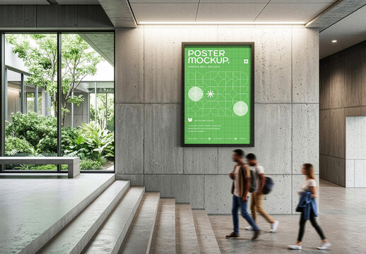 Vertical Campus Concrete Wall Poster Mockup With People And Motion Blur