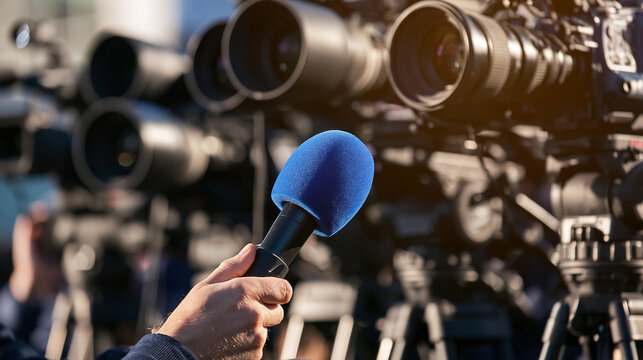 A reporter holding a blue microphone during a press conference with many video cameras.